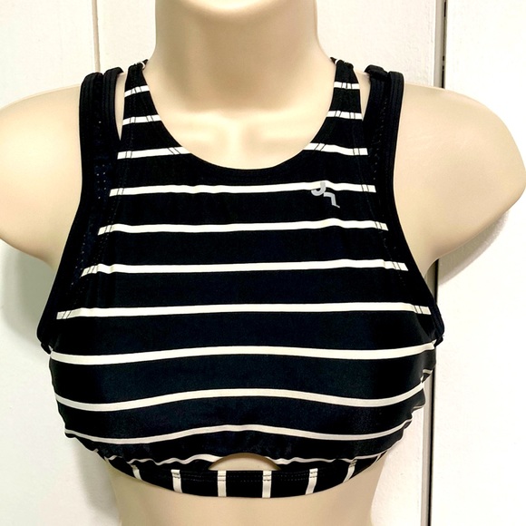JOY LAB Black White Stripe Sports Criss Cross Straps Bra Womens Small - Picture 2 of 12